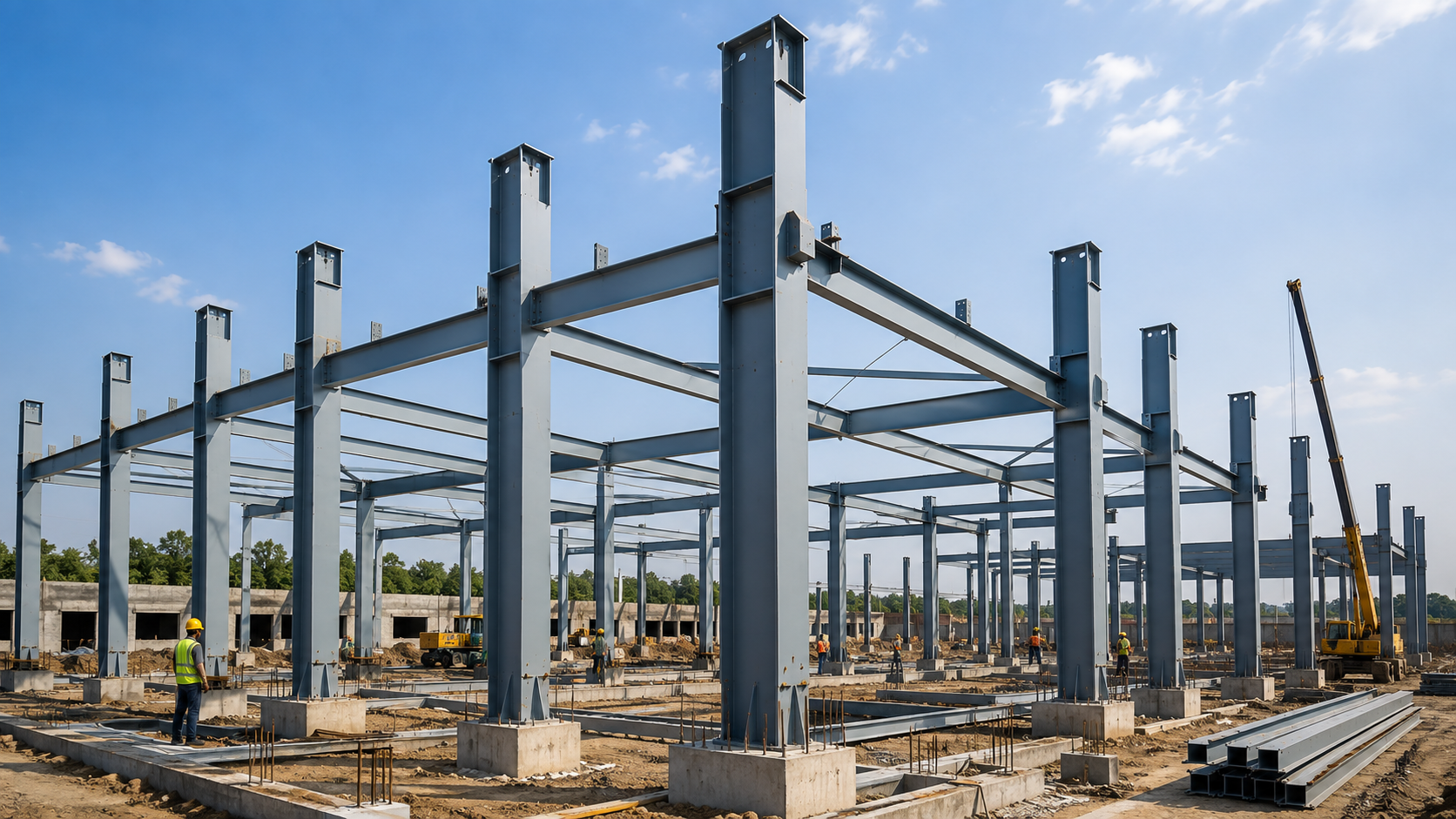 Steel column erection at PEB site